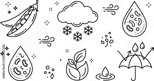 Nature science and weather line icon set with green peas snow cloud bacteria water drop sprout umbrella waterproof