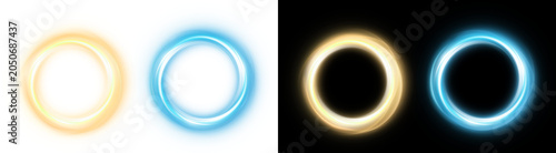 Fotografie Glowing circular light rings featuring vibrant orange and blue energy swirl effe