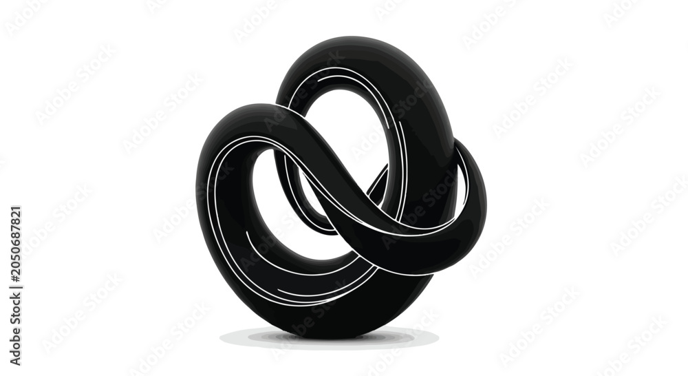 Naklejka premium Abstract black 3D knot sculpture, glossy fluid torus shape with white stripes, modern minimalist twisted loop vector illustration for branding