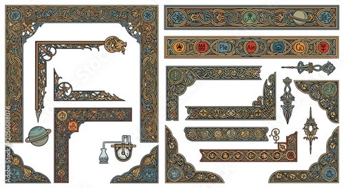 An assortment of ornate Celtic inspired corner scrollwork and decorative border segments featuring planetary icons and botanical filigree details for elegant framing.