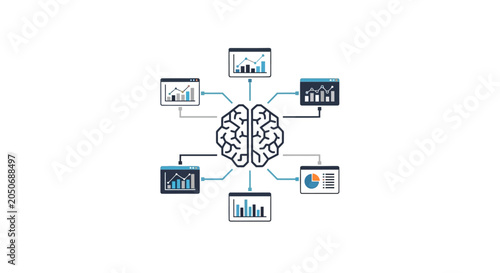A digital illustration showing a central brain connected to various data charts