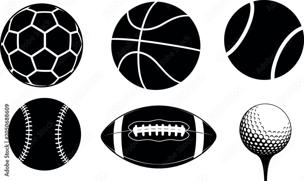 Naklejka premium Black and white line art illustration of six different sports balls including soccer, basketball, tennis, baseball, football, and golf.