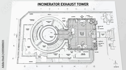 Bild auf Leinwand Architectural blueprint of an incinerator exhaust tower with control and samplin