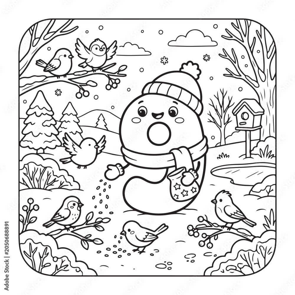 Fototapeta premium Cute Number 9 Feeding Winter Birds Learning Coloring Page for Preschool Kids Ages 3 to 6