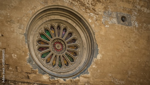Stone rose window from medieval Italy on a plaster wall.