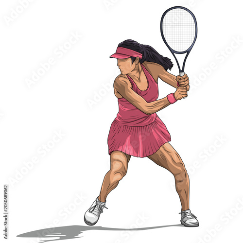 Female Tennis Player in Pink Outfit Executing a Two-Handed Backhand Stroke Illustration