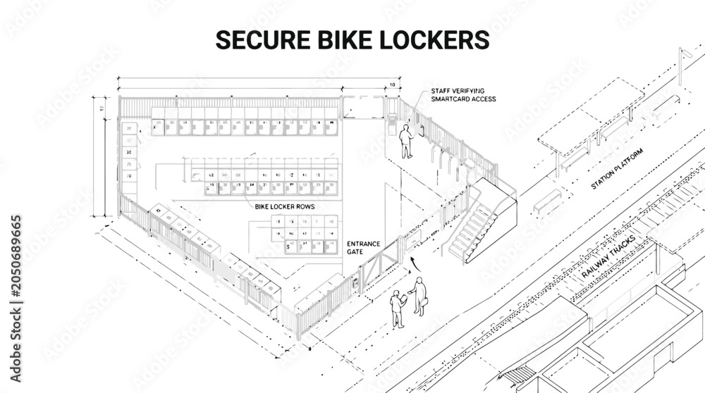 Fototapeta premium Architectural Diagram of Secure Bike Lockers at a Station Platform with Entrance Gate blueprint architectural drawing