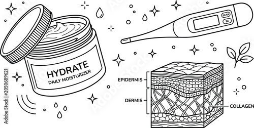 Konstfotografi Skincare and dermatology line icon set with daily moisturizer cream jar skin ana