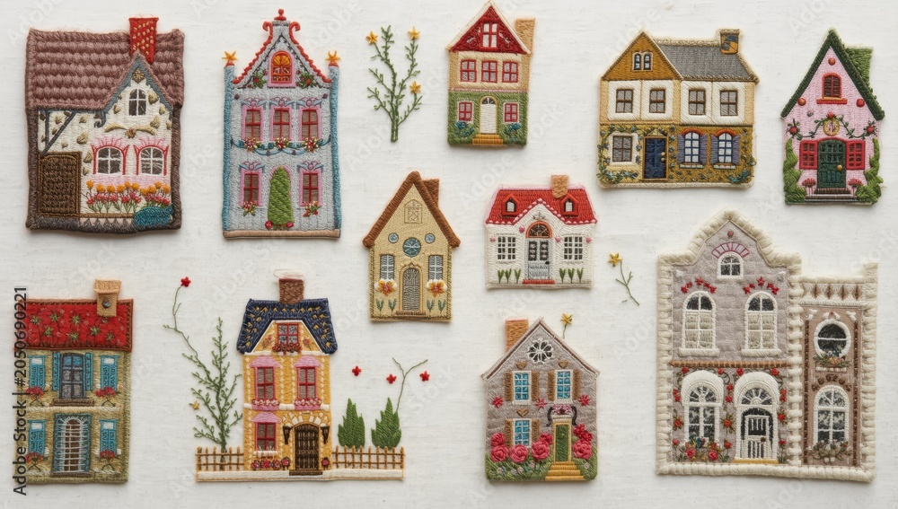 Naklejka premium White background with embroidered house patches.