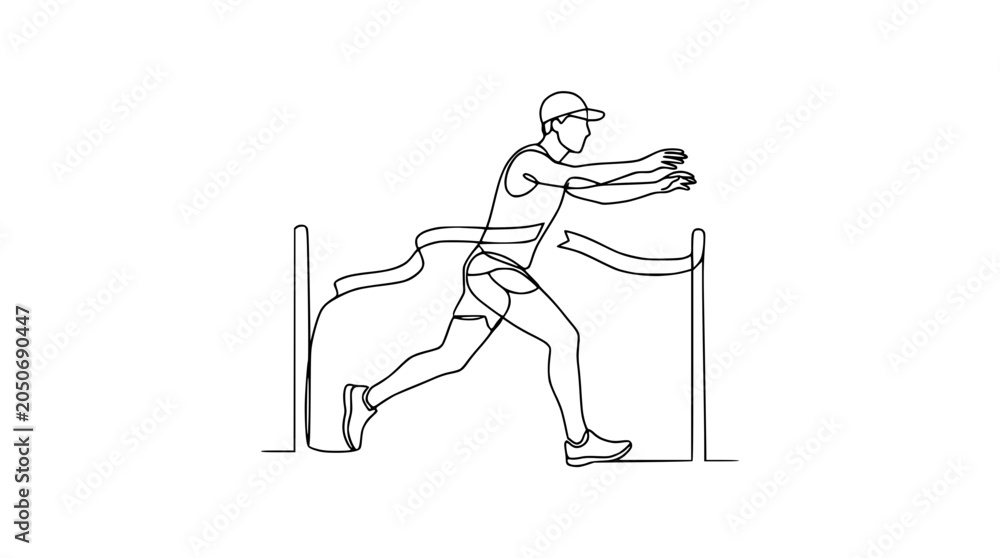 Fototapeta premium Runner crossing finish line, continuous line drawing, sports achievement, victory concept