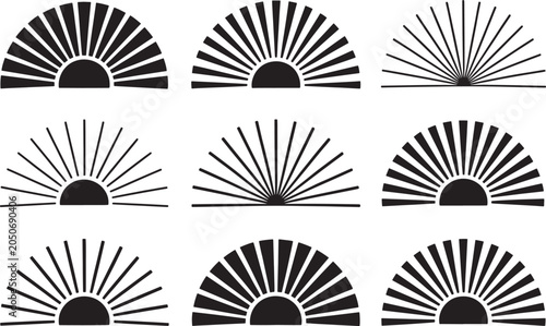 Retro sunburst rays collection set of half circle sunrise shapes for vintage logo and brand emblem.