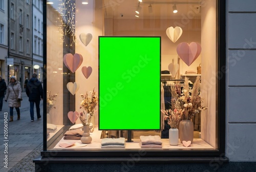 A storefront window display features a central green screen poster surrounded by decorative paper hearts, dried floral arrangements in vases, and neatly folded clothes on a city street