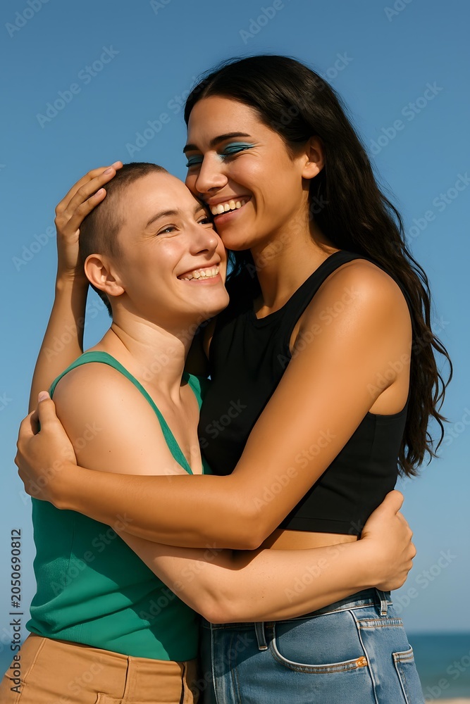 Fototapeta premium Two young women sharing a joyful hug on the beach with bright blue sky in the background, expressing happiness, friendship, and connection