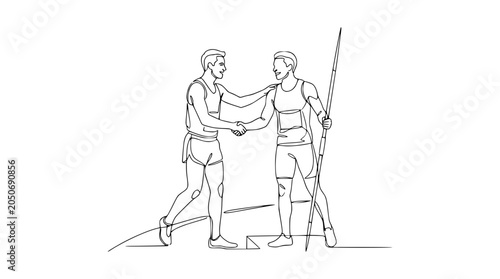 Tableau sur toile Athletes handshake after javelin throw competition, line art, sportsmanship