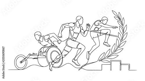 Athletes Competing in Race: Wheelchair Racer, Runner, Hurdler Crossing Finish Line