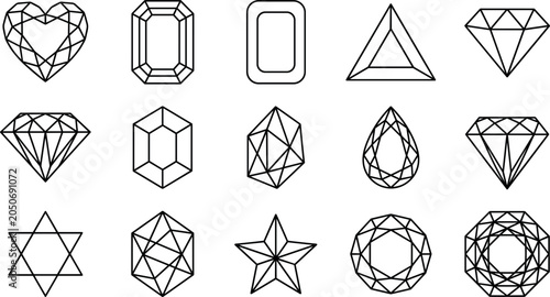 Fotografie Diamond cuts and precious gemstones outline line icon set featuring heart emeral