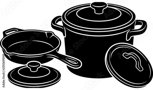 Photos Black and white illustration of cooking pots and pan with lids