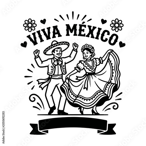 Schilderij op canvas Viva Mexico folkloric dancers on ribbon badge