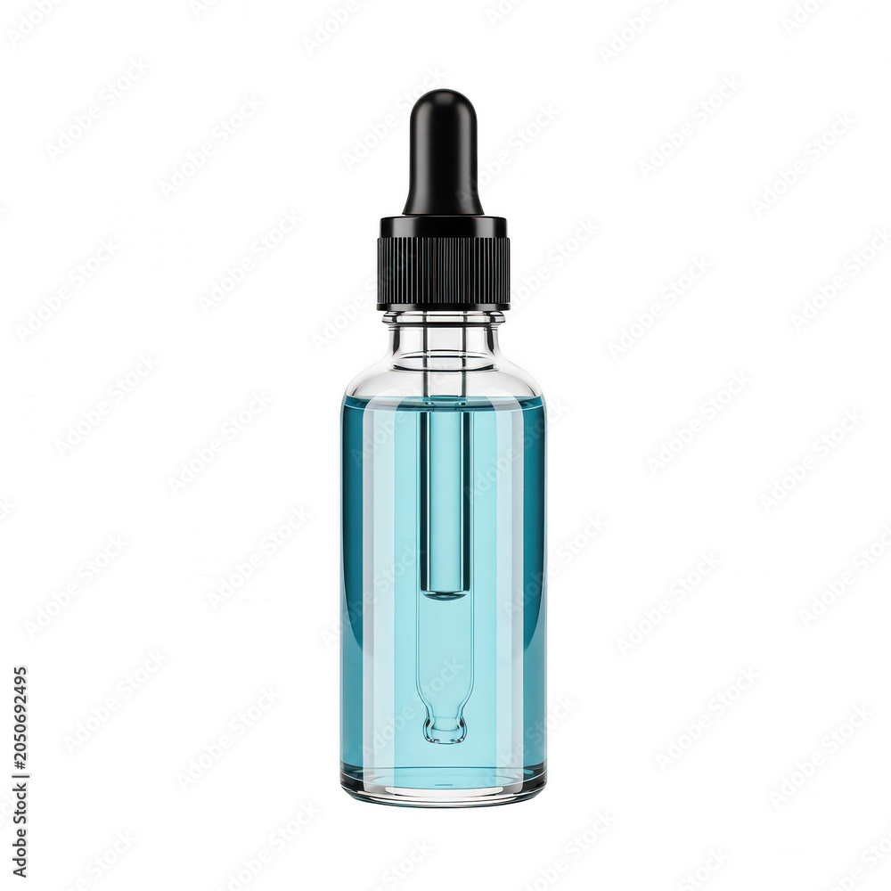 Fototapeta premium Clear glass perfume dropper bottle with blue liquid isolated on transparent background