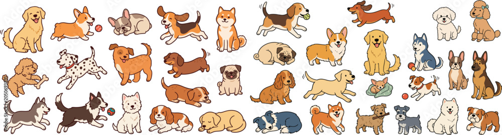 Obraz premium Set of cute diverse dog breeds illustrated in cartoon style with illustration collection domestic veterinary colorful purebred adoption