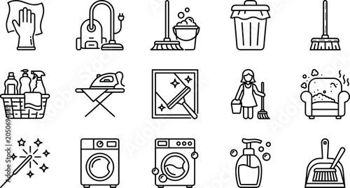 Tableau sur toile Cleaning service and household chores line icon set featuring vacuum cleaner mop