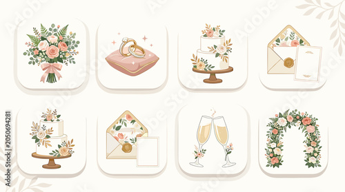 Elegant watercolor wedding essentials illustration set, featuring romantic bouquets, tiered cakes, sparkling rings, and delicate invitations for special occasion designs