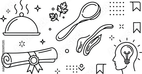 Obraz na płótnie Culinary education cooking school line icon set with diploma scroll food cloche
