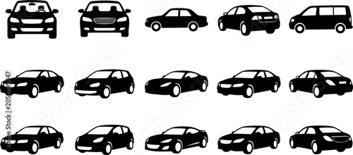 Foto Car silhouette and auto body type icon set featuring black vector icons of sedan