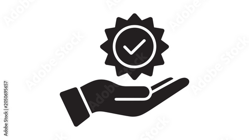 A human hand holding a premium-quality badge icon representing award assurance and compliance