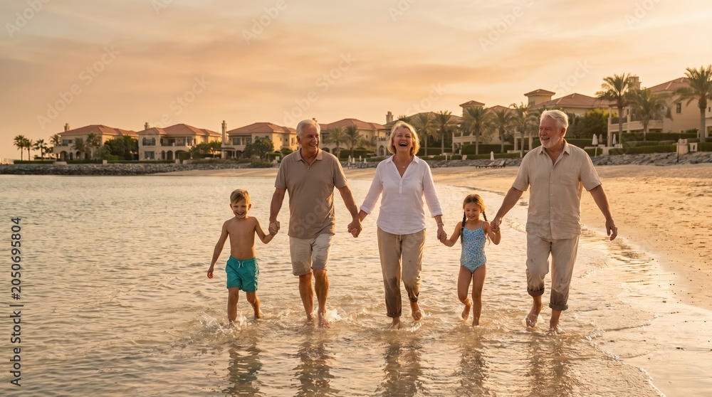 Obraz premium Multi-generational family with grandparents and children walking hand-in-hand along tropical beach at sunset for retirement lifestyle and summer vacation travel