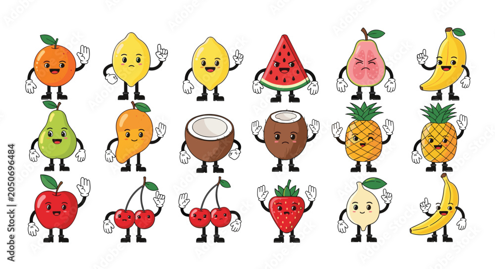 Fototapeta premium Set of fifteen adorable fruit characters with funny expressive faces and playful poses on a white background.