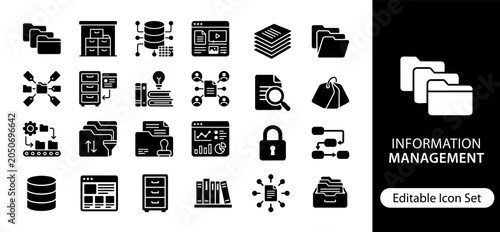 Fotografie Information Management Solid Icon Set, Data Organization and Digital Records Ico
