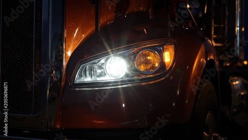 Close-up of a truck's headlight. Brightness and shine. Truck's electrical components. Part of the truck's front. Illumination and road safety.