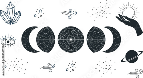 Bild auf Leinwand Celestial Moon Phases Collection with Constellations, Crystals, Stars, Cosmic Sy
