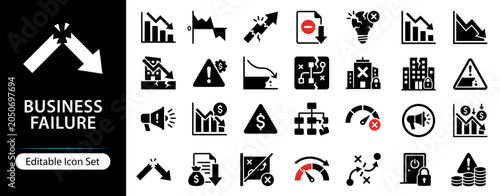 Foto Business Failure Solid Icon Set, Financial Risk and Company Closure Icons for Ba