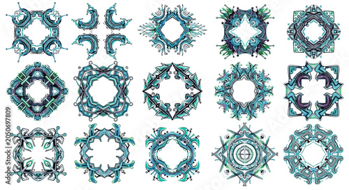 A grid of fifteen intricate frames showcasing geometric illustrations with detailed blue and teal patterns on a crisp white backdrop for creative design and art projects.