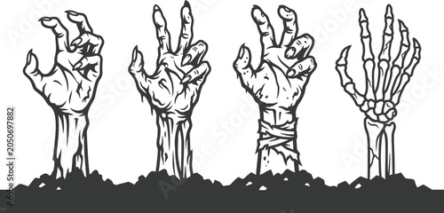 Tableau sur toile Four zombie hands rising from the ground in black and white illustration isolate