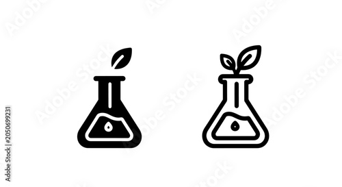 Foto Organic chemistry flask icon with green leaves for natural science and botany re
