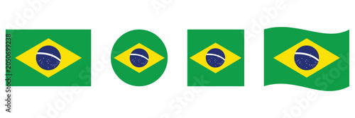 Brazil Flag Icon Set Vector, Round, Rectangle and Map Shape National Flag Symbols Isolated on 
Transparent Background