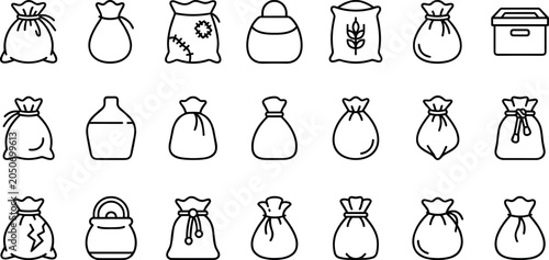 Cuadro en lienzo Burlap sack and fabric bag packaging line icon set featuring agriculture grain s
