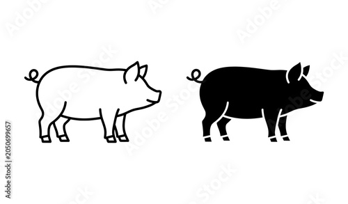 Tableau sur toile Minimalist line art and solid silhouette illustration set of a pig with livestoc