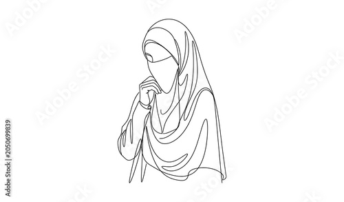 Fotografie Continuous line drawing of a woman wearing a hijab covering her face with a thou