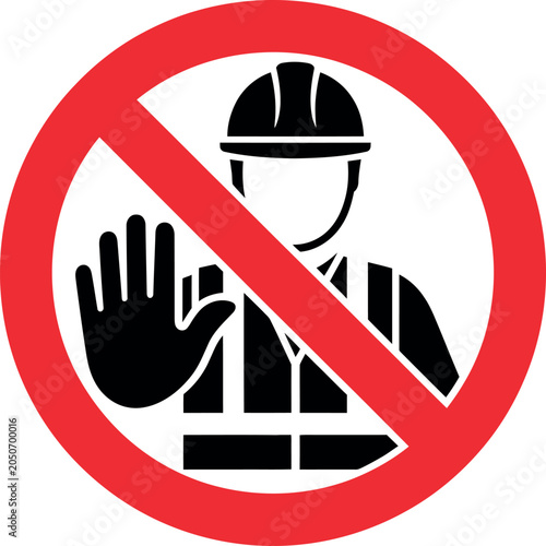 Prohibition sign with hard hat and hand gesture icon