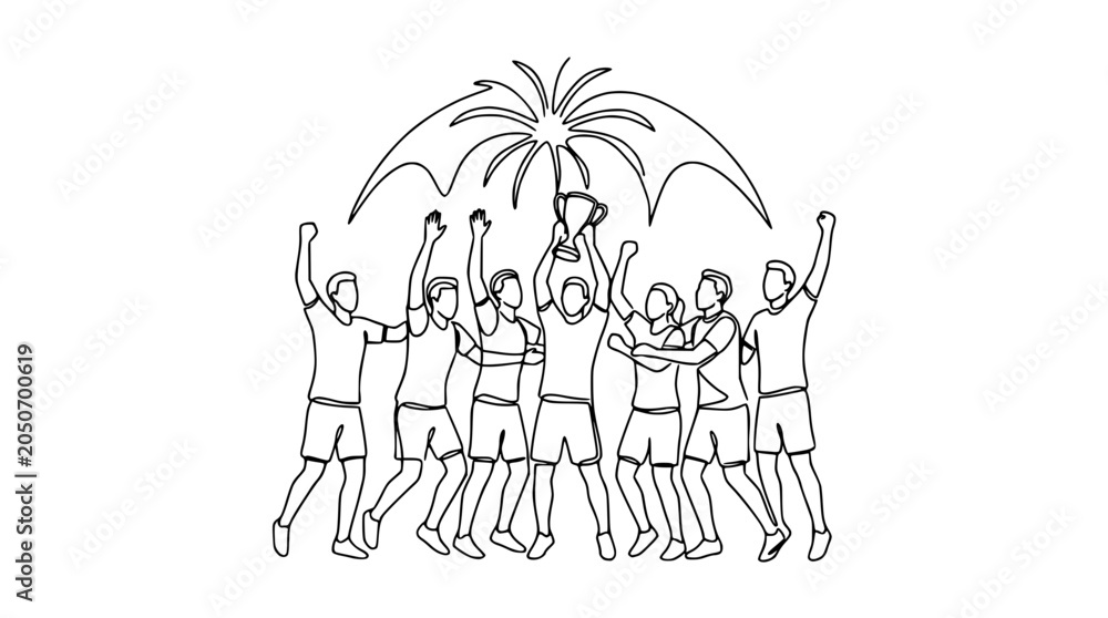 Fototapeta premium Team Celebration Winning Trophy, Outline Drawing, Sports Victory, Success, Happiness, Fireworks