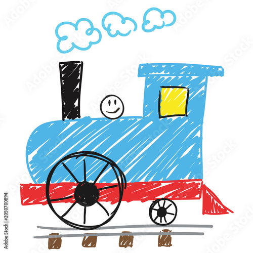 Charming Blue Train Drawing with Smiley Face.