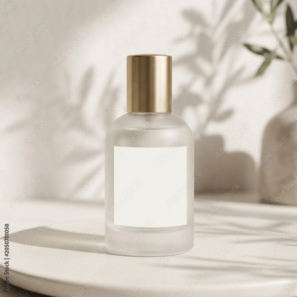 Naklejka premium Frosted glass perfume bottle with gold cap on marble background, soft light.