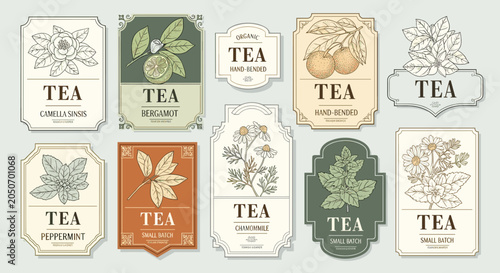A collection of ten decorative vintage style botanical tea labels featuring line art illustrations of chamomile, peppermint, and bergamot on a soft grey backdrop.