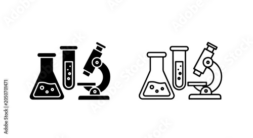 Photography Science laboratory equipment icons featuring microscope flask and test tube set
