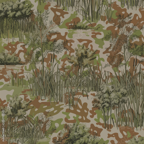 Seamless wetland camouflage vector pattern with reeds, cattails, and marsh grass in green, brown, and tan colors.