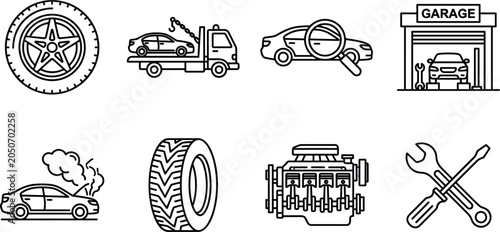 Foto Automotive repair and roadside assistance thin line icon set featuring car tires